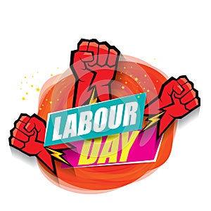 1 may Happy labour day vector label with strong protest fist in the air on vintage red watercolor stricket background