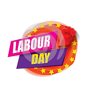 1 may Happy labour day vector label with strong protest fist in the air on vintage red watercolor stricket background