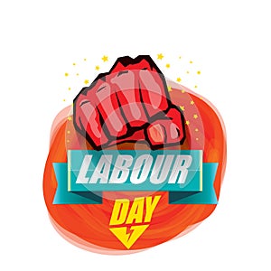 1 may Happy labour day vector label with strong protest fist in the air on vintage red watercolor stricket background