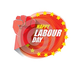 1 may Happy labour day vector label with strong protest fist in the air on vintage red watercolor stricket background