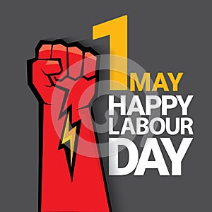 1 may Happy labour day vector label with strong protest fist isolated on grey background with rays. vector happy labor