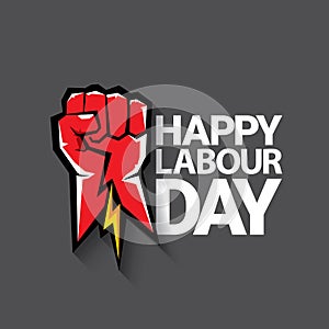 1 may Happy labour day vector label with strong protest fist isolated on grey background with rays. vector happy labor