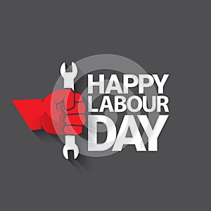 1 may Happy labour day vector label with strong protest fist isolated on grey background with rays. vector happy labor