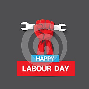 1 may Happy labour day vector label with strong protest fist isolated on grey background with rays. vector happy labor