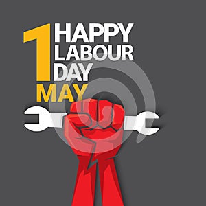 1 may Happy labour day vector label with strong protest fist isolated on grey background with rays. vector happy labor