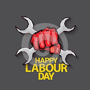 1 may Happy labour day vector label with strong protest fist isolated on grey background with rays. vector happy labor