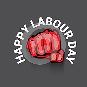 1 may Happy labour day vector label with strong protest fist isolated on grey background with rays. vector happy labor