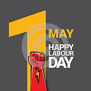 1 may Happy labour day vector label with strong protest fist isolated on grey background with rays. vector happy labor