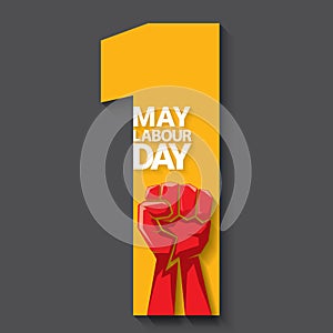 1 may Happy labour day vector label with strong protest fist isolated on grey background with rays. vector happy labor