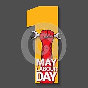 1 may Happy labour day vector label with strong protest fist isolated on grey background with rays. vector happy labor