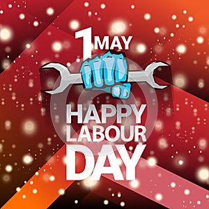 1 may Happy labour day vector label with strong protest fist isolated on red background with rays. vector happy labor