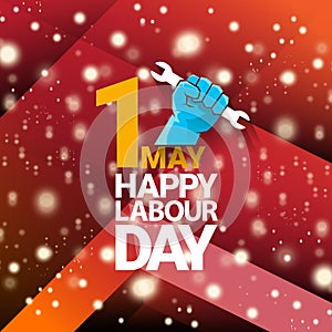 1 may Happy labour day vector label with strong protest fist isolated on red background with rays. vector happy labor