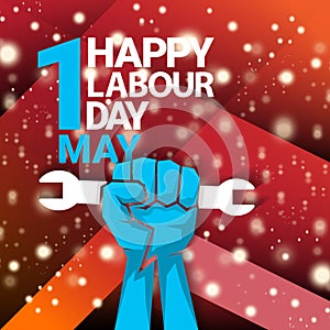 1 may Happy labour day vector label with strong protest fist isolated on red background with rays. vector happy labor