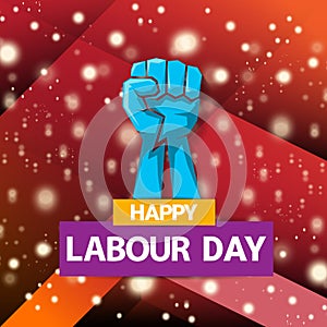 1 may Happy labour day vector label with strong protest fist isolated on red background with rays. vector happy labor