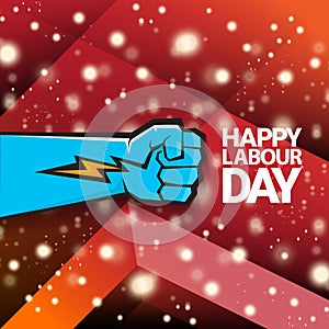 1 may Happy labour day vector label with strong protest fist isolated on red background with rays. vector happy labor