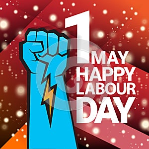 1 may Happy labour day vector label with strong protest fist isolated on red background with rays. vector happy labor