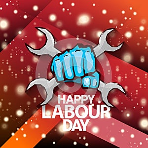 1 may Happy labour day vector label with strong protest fist isolated on red background with rays. vector happy labor