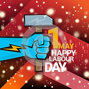 1 may Happy labour day vector label with strong protest fist isolated on red background with rays. vector happy labor