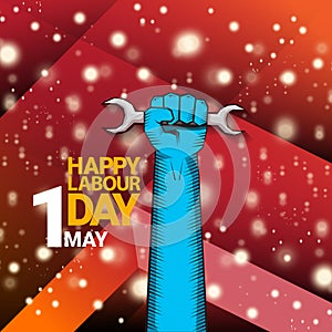 1 may Happy labour day vector label with strong protest fist isolated on red background with rays. vector happy labor