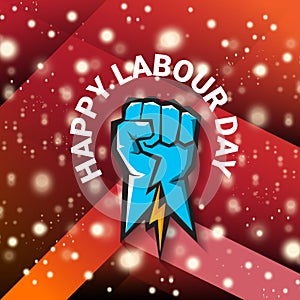 1 may Happy labour day vector label with strong protest fist isolated on red background with rays. vector happy labor