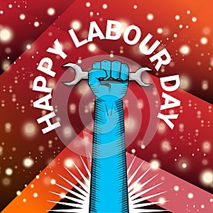 1 may Happy labour day vector label with strong protest fist isolated on red background with rays. vector happy labor