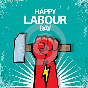 1 may Happy labour day vector label with strong red fist on torquise background . labor day background or banner with