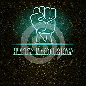 1 may Labor day poster with neon glowing azure blue protest fist isolated on black night starry background. Mayday