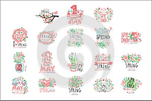 1 May set original design. Spring holidays, First May, International labor day colorful hand drawn vector Illustrations