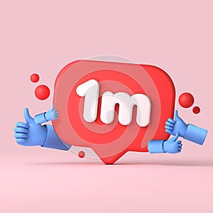 1 Million followers social media banner thumbs up. 3D Rendering