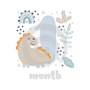 1 one month Baby boy anniversary card metrics. Baby shower print with cute animal dino, flowers and palm capturing all