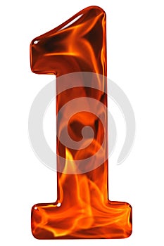 1, one, numeral from glass with an abstract pattern of a flaming