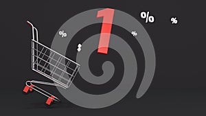 1 percent discount flying out of a shopping cart on a black background. Concept of discounts, black friday, online sales. 3d