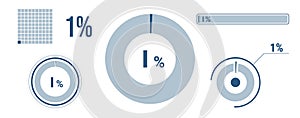 1% percentage infographic set. One circle diagram, pie donut chart, progress bar. 1 percent loading data icon. Vector concept