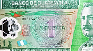 1 Quetzal banknote, Bank of Guatemala, closeup bill fragment shows Resplendent Quetzal, Pharomachrus mocinno bird