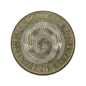 1 romanian leu coin 1963 reverse isolated on white background