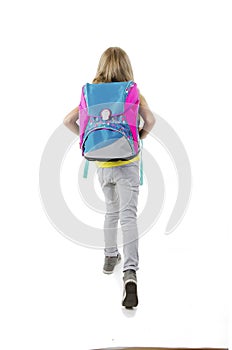 1-september concept. Back to school. Rear view of full length, legs, body, size vertical profile back view photo of small girl