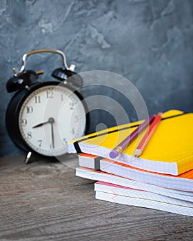 1 September concept postcard, teachers day, back to school or college, supplies, alarm clock