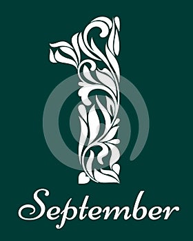 1 September. Elegant decorative fonts. Ornate decorated digit five on green background.