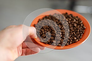 1-st person view, man holding saucer with coffee beans