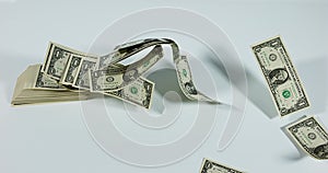 1 US Dollar Banknotes flying against White Background,