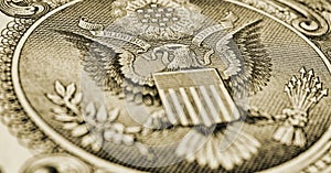 1 US dollar. Fragment of banknote. Reverse of bill with the Great Seal. The bald eagle is the national symbol. Olive tinted