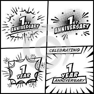 1 year anniversary logo collection. 1st years anniversary celebration comic logotype. Pop art style vector and illustration.