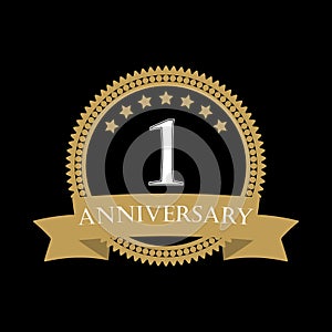 1 year anniversary template with ribbon. 1st celebration emblem or icon. Vector illustration