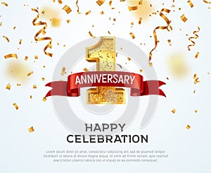 1 year anniversary vector banner template. First jubilee with red ribbon and confetti on white background