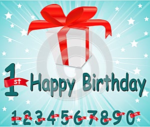 1 year Happy Birthday Card with gift and colorful background in vector EPS10