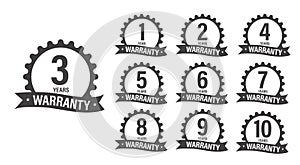 1 Years to 10 years warranty label icon set.