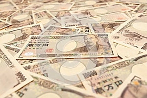 10,000 Yen Note - Background with perspective view of various banknotes of ten thousand yen front. Japanese money