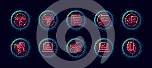 10 in 1 vector icons set related to business survey theme. Lineart vector icons in  neon glow style with particles