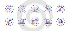 10 in 1 vector icons set related to business survey theme. Violet lineart vector icons