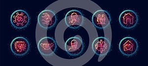 10 in 1 vector icons set related to corona virus medical theme. Lineart vector icons in geometric neon glow style